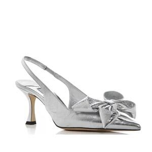 Jimmy Choo Staz 70MM Bow-Embellished Leather Slingback Pumps Silver Size 38